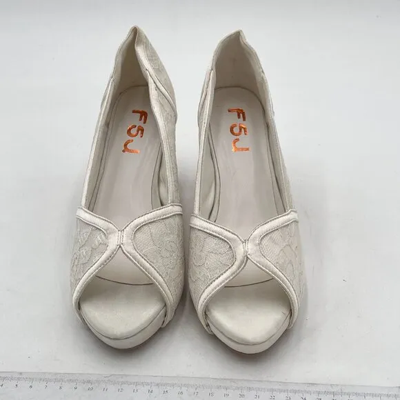 FSJ White Lace Bridal Shoes Satin Peep Toe Platform Mid Heels Wedding Pumps