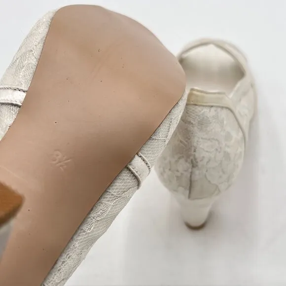 FSJ White Lace Bridal Shoes Satin Peep Toe Platform Mid Heels Wedding Pumps