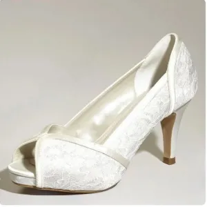 FSJ White Lace Bridal Shoes Satin Peep Toe Platform Mid Heels Wedding Pumps