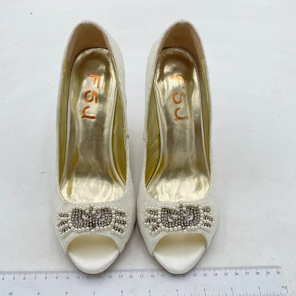 FSJ White Lace Pearl Wedding Wedge Pumps Elegant Peep Toe Bridal Evening Shoes