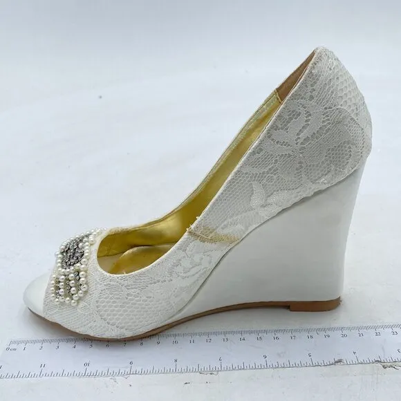 FSJ White Lace Pearl Wedding Wedge Pumps Elegant Peep Toe Bridal Evening Shoes