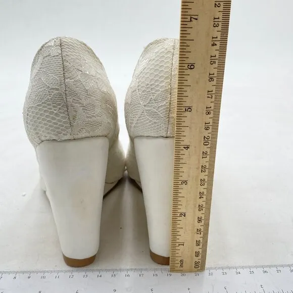 FSJ White Lace Pearl Wedding Wedge Pumps Elegant Peep Toe Bridal Evening Shoes