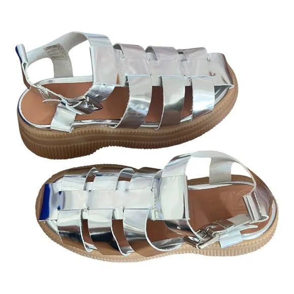 Ganni Creepers Grid Platform Silver Fisherman Sandals Size 37 EU