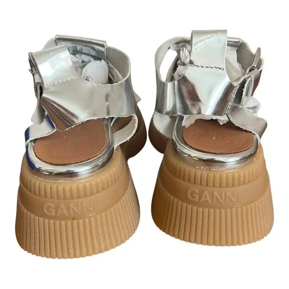 Ganni Creepers Grid Platform Silver Fisherman Sandals Size 37 EU