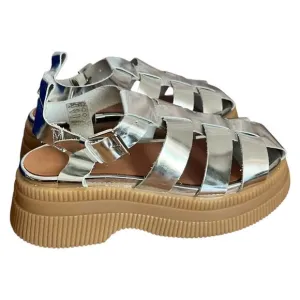 Ganni Creepers Grid Platform Silver Fisherman Sandals Size 37 EU