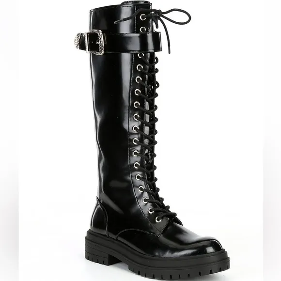 GB Sky-Scraper Lug Sole Platform Lace-Up Patent Tall Boots