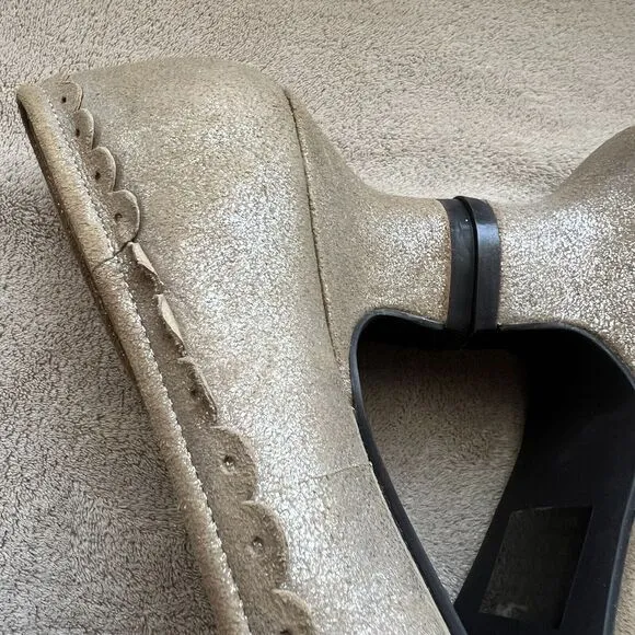 Geé WaWa Metallic Silver Tan Leather Block Kitten Heels Scalloped Edge Women 7.5