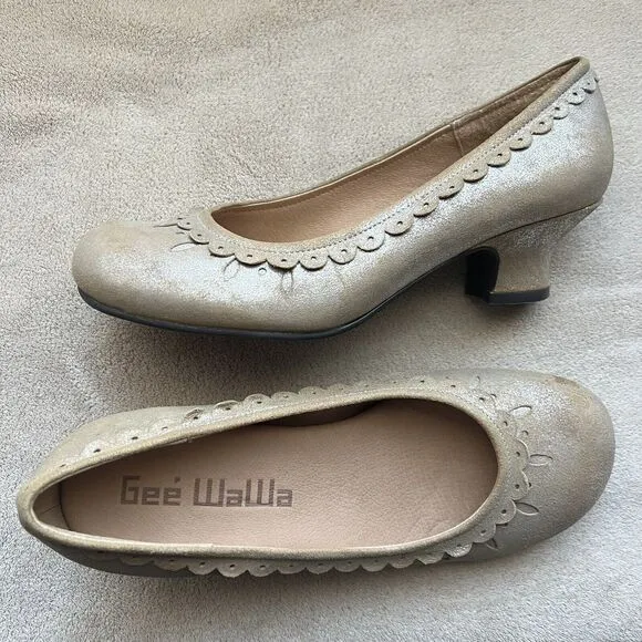 Geé WaWa Metallic Silver Tan Leather Block Kitten Heels Scalloped Edge Women 7.5
