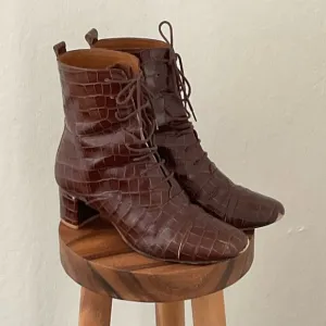 Genuine Brown Leather By Far Lace Up Heeled Boots, Sz 38