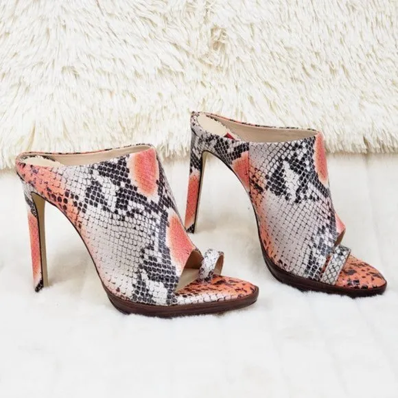 Genuine Leather Snake Print 4.5&quot; Heel Slip On Toe Strap Shoes