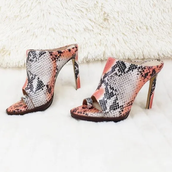 Genuine Leather Snake Print 4.5&quot; Heel Slip On Toe Strap Shoes