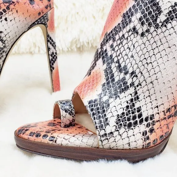 Genuine Leather Snake Print 4.5&quot; Heel Slip On Toe Strap Shoes