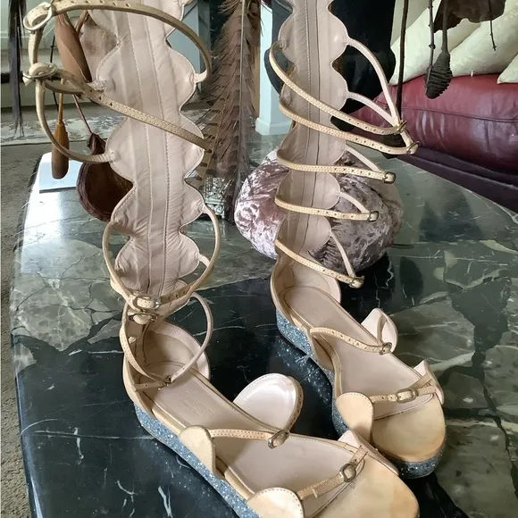 Giambattista Valli Nude leather tall gladiator wedge glitter sandals size 8.5