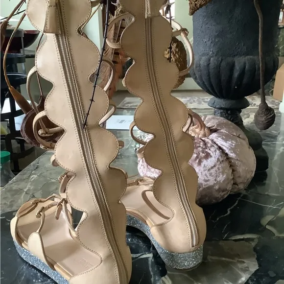 Giambattista Valli Nude leather tall gladiator wedge glitter sandals size 8.5