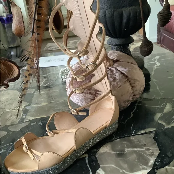Giambattista Valli Nude leather tall gladiator wedge glitter sandals size 8.5
