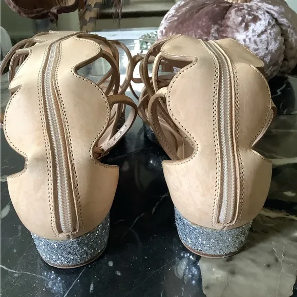 Giambattista Valli Nude leather tall gladiator wedge glitter sandals size 8.5