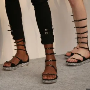 Giambattista Valli Nude leather tall gladiator wedge glitter sandals size 8.5