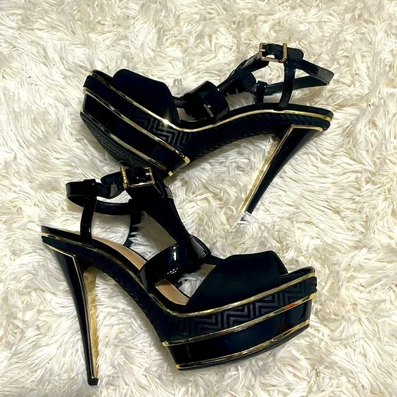 Gianni Bini Black and Gold Platform Stiletto Chevron Print High Heels, 9, NWOT