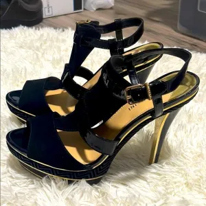 Gianni Bini Black and Gold Platform Stiletto Chevron Print High Heels, 9, NWOT