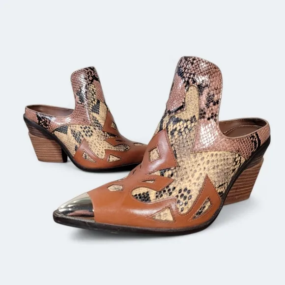 Gianni Bini Leather Western Mules Snakeskin Patterned Size 8 Cowboy Pointed Toe
