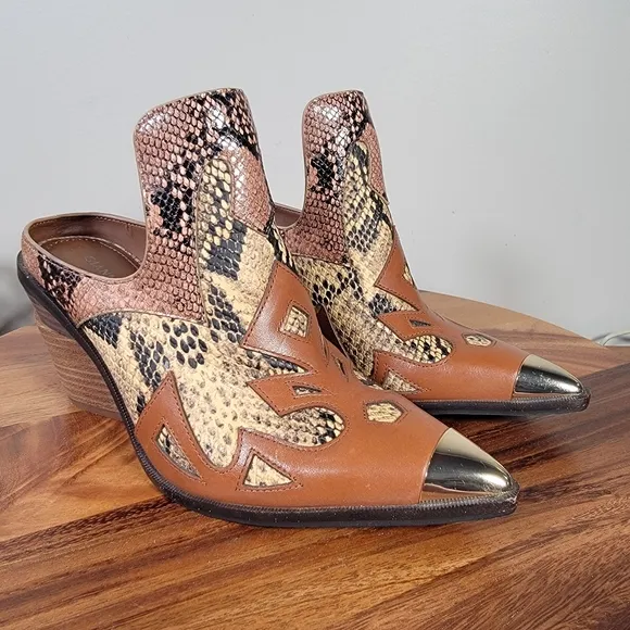 Gianni Bini Leather Western Mules Snakeskin Patterned Size 8 Cowboy Pointed Toe