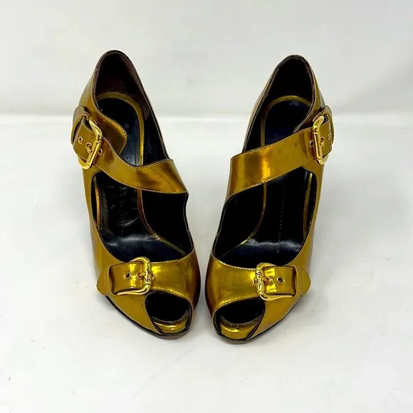 Giuseppe Zanotti Gold Leather Peep Toe Pumps Shoes Heels