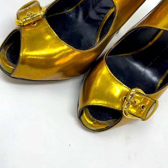 Giuseppe Zanotti Gold Leather Peep Toe Pumps Shoes Heels
