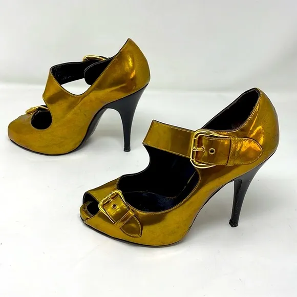 Giuseppe Zanotti Gold Leather Peep Toe Pumps Shoes Heels