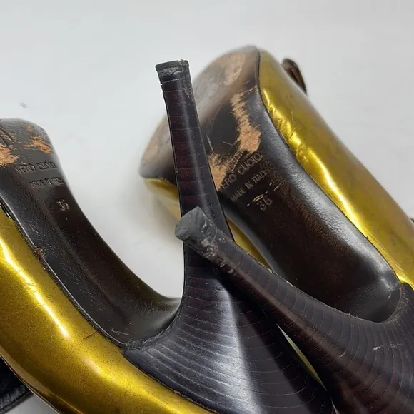 Giuseppe Zanotti Gold Leather Peep Toe Pumps Shoes Heels