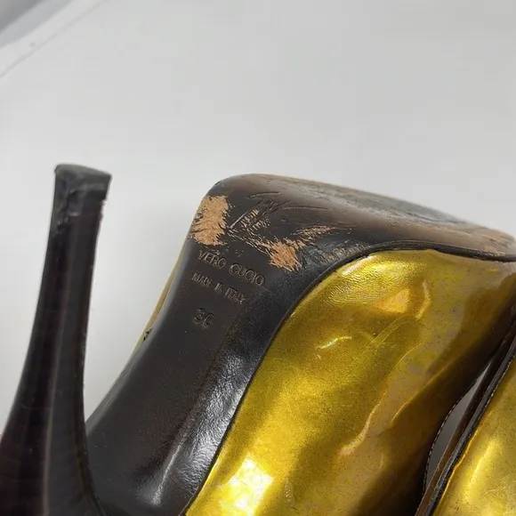 Giuseppe Zanotti Gold Leather Peep Toe Pumps Shoes Heels