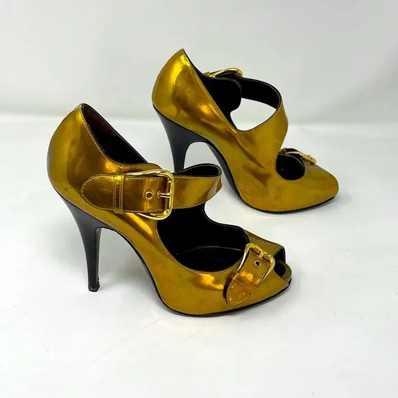 Giuseppe Zanotti Gold Leather Peep Toe Pumps Shoes Heels