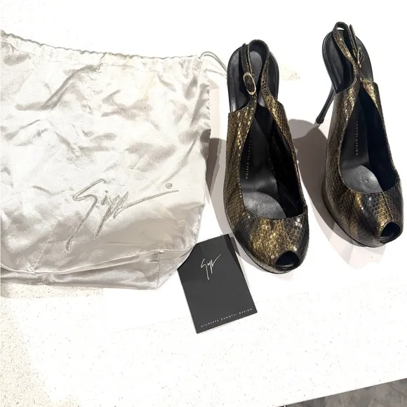 Giuseppe Zanotti Gold Snake Print Peep Toe Slingback Heels
