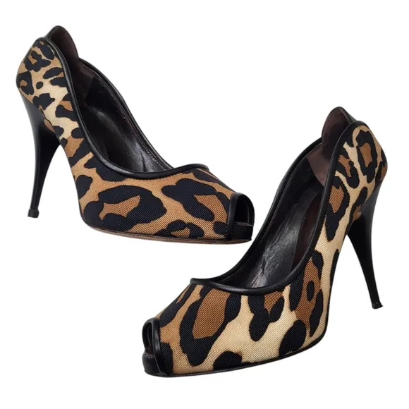 Giuseppe Zanotti high heels tan black animal print peep toe womens shoes size 38