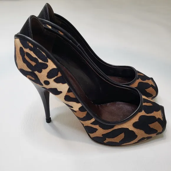 Giuseppe Zanotti high heels tan black animal print peep toe womens shoes size 38