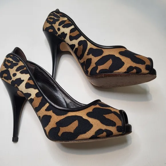 Giuseppe Zanotti high heels tan black animal print peep toe womens shoes size 38