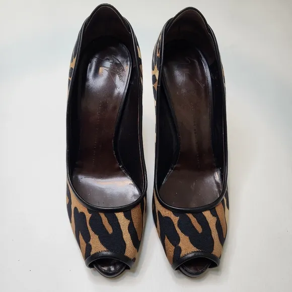 Giuseppe Zanotti high heels tan black animal print peep toe womens shoes size 38