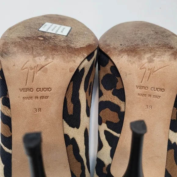 Giuseppe Zanotti high heels tan black animal print peep toe womens shoes size 38
