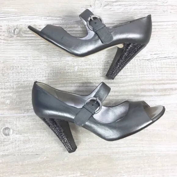 GIUSEPPE ZANOTTI Mary Jane Peep Toe Heels Metallic Silver  7