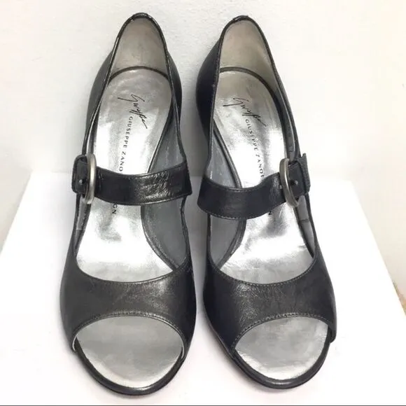 GIUSEPPE ZANOTTI Mary Jane Peep Toe Heels Metallic Silver  7