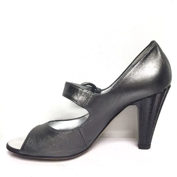 GIUSEPPE ZANOTTI Mary Jane Peep Toe Heels Metallic Silver  7
