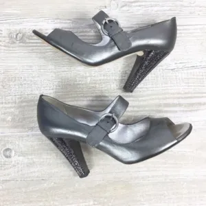 GIUSEPPE ZANOTTI Mary Jane Peep Toe Heels Metallic Silver  7