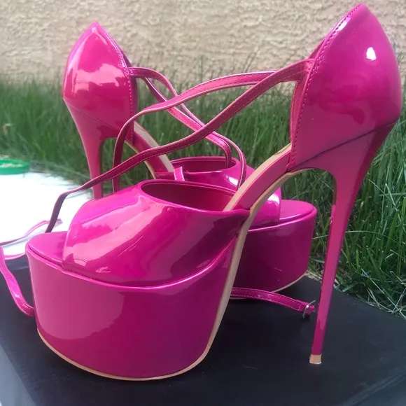 Glossy Pink Platform Stiletto Sandals platform ankles wrapped.straps.
