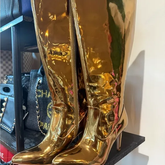 Gold High Heel Boots - Wide Calf