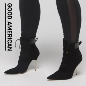 Good American Booties Suede Scandal Lace Up Stiletto - Black - Size 8.5