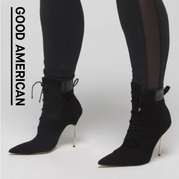 Good American Booties Suede Scandal Lace Up Stiletto - Black - Size 8.5