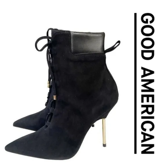Good American Booties Suede Scandal Lace Up Stiletto - Black - Size 8.5