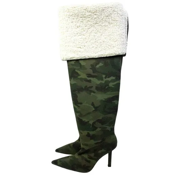 Good American Camo Over The Knee Boots Women 9 Shearling Thigh High Heel Boots