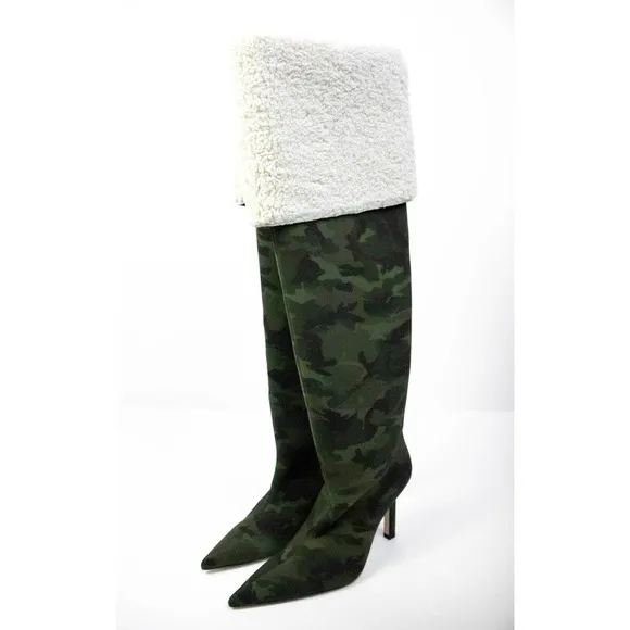 Good American Camo Over The Knee Boots Women 9 Shearling Thigh High Heel Boots