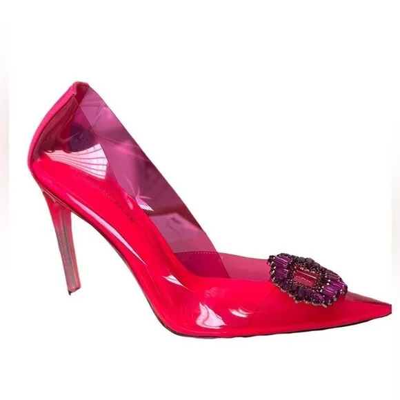 Good American Hot Pink Bejeweled Lucite Heels