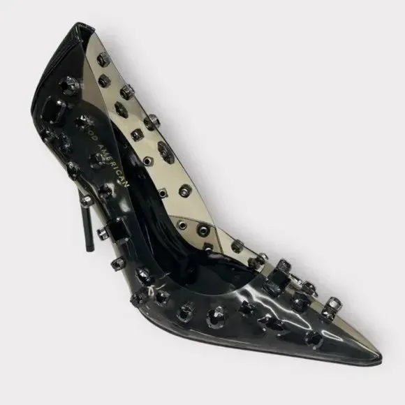 GOOD AMERICAN LIGHT SMOKE BLACK JEWELED STILETTO HEEL EMMA SIZE 7‎ New in Box